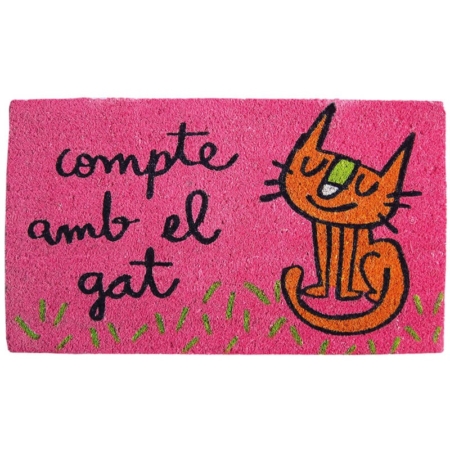 Felpudo original rosa «Compte amb el gat»